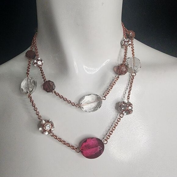 Liz Claiborne Rose Gold, Pink, & Clear Multilayer Necklace - Picture 1 of 3